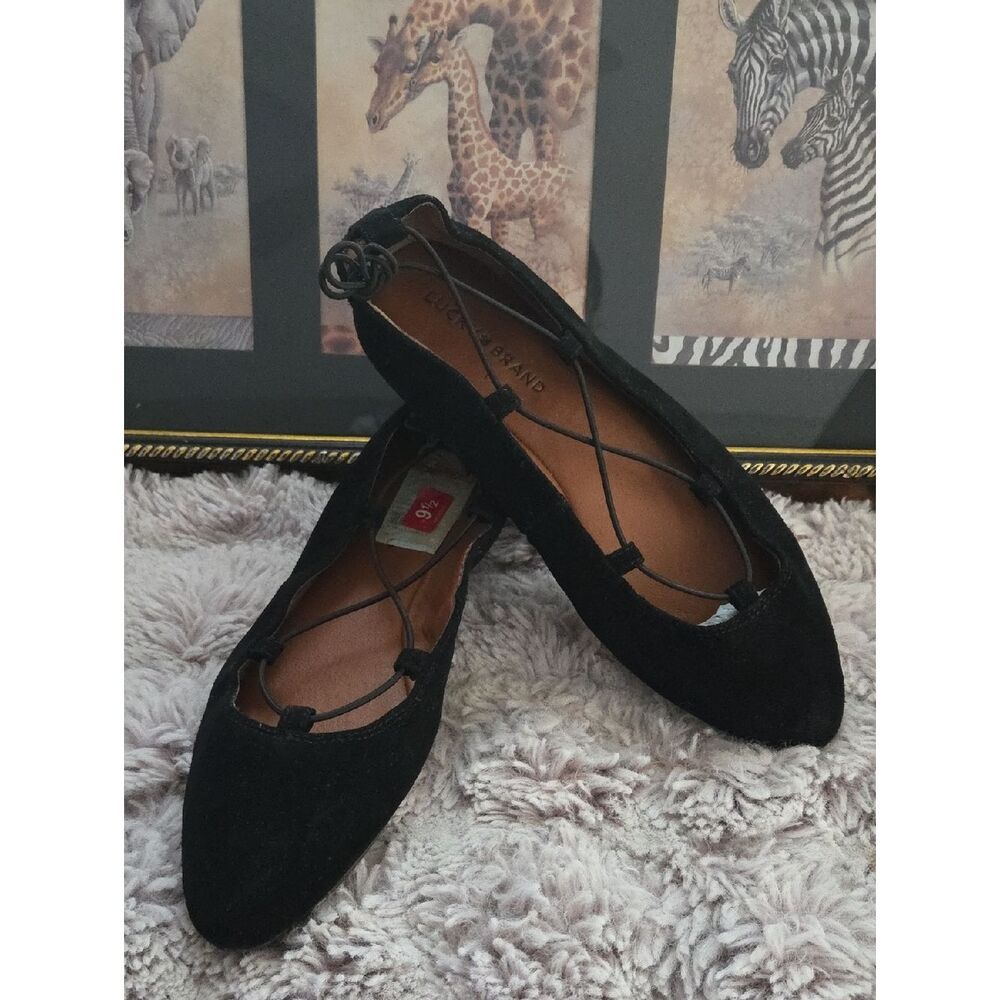Lucky Brand Black Pointed Ballet Flats with Lace-Up Detail